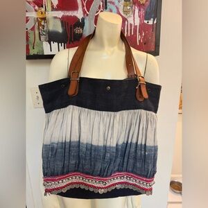 Elliot Mann tie dye beaded studded coins tote with leather buckle straps NWT